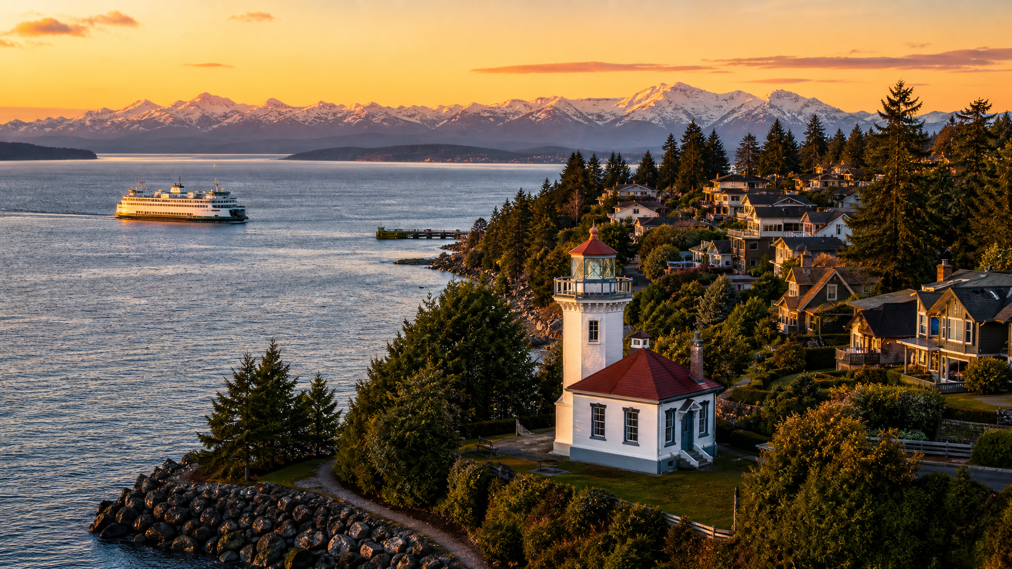 Mukilteo lighthouse and waterfront homes near Paine Field and Boeing Everett at sunset