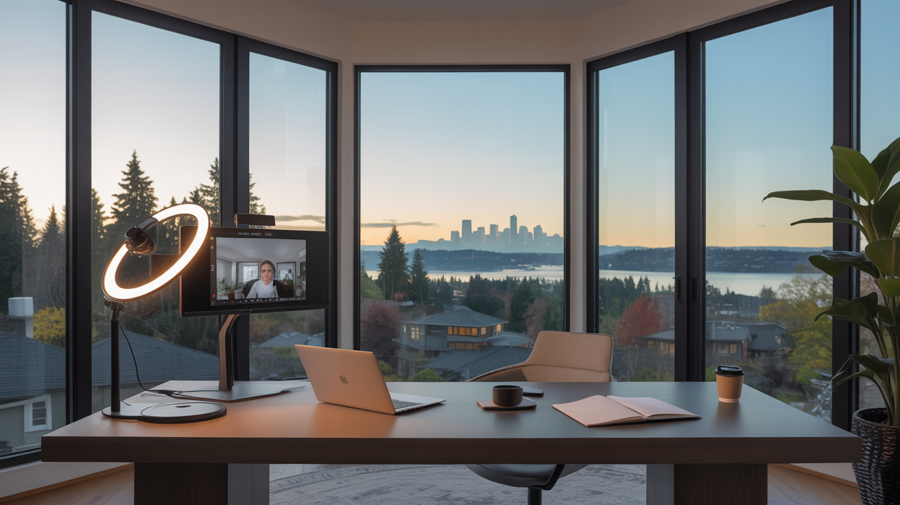 Modern home office with view of Washington State neighborhoods